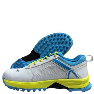 Thrax Brace Rubber Cricket Stud Shoes white, yellow, and blue